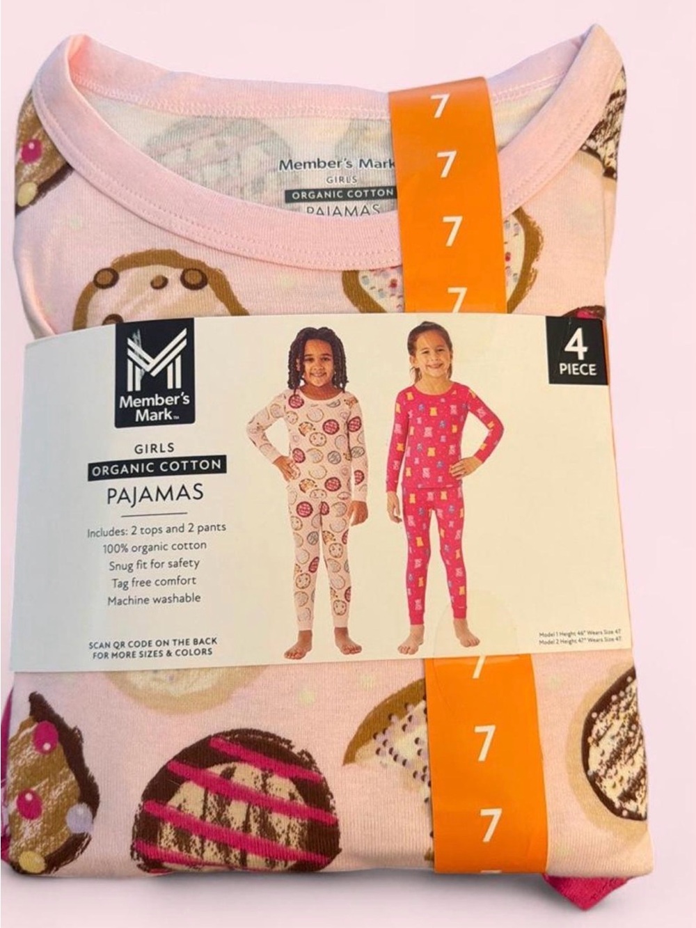 Girls' Organic Cotton Pink Donut/Cookies Print Pajama Set - 4 Piece New Size 7